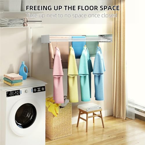 Laundry Drying Rack, Collapsible Wall Mounted Clothes Drying Rack - Drying Rack Clothing Foldable,Space Saving, 31" Wide, 13.2 Linear Ft, 5 Aluminum Rods, 60 lb Capacity (White, 31") - size: 31"