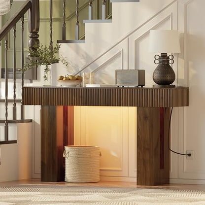 60-Inch Long Entryway Table with Built-in Power Outlet and App & Button-Controlled RGB Light, Thick Wood Farmhouse Console Table for Behind Sofa, Narrow Hallway, Living Room, Foyer, Entrance, Walnut - color: Walnut, size: 60 Inch