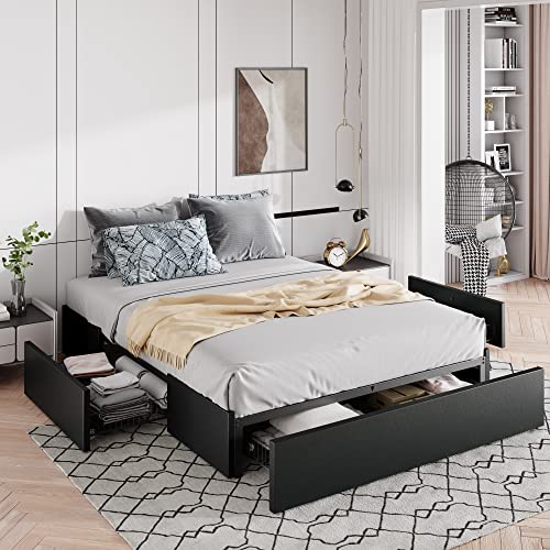 Allewie Queen Size Platform Storage Bed Frame with 3 Drawers, Black | Faux Leather Upholstered, Metal Slats Support, No Box Spring Needed, Noise Free, Easy Assembly - color: Black Leather, size: Queen (U.S. Standard)