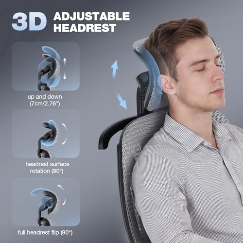 MALOL Ergonomic Office Chair, 400lbs High Back Mesh Desk Chair with 6D Armrests, 3D Headrest, Adjustable Lumbar Support, Seat Depth Adjustment, Tilt Lock, Metal Base & PU Wheels, Grey - color: Grey