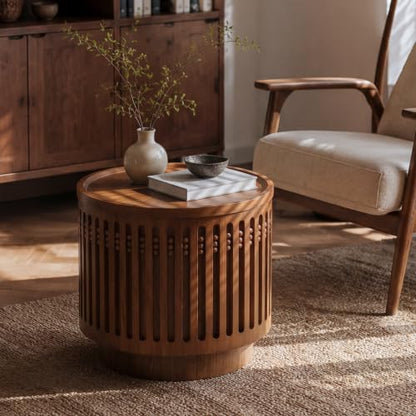 18.9" Round Side Table with Hidden Storage, Wooden End Table | Mid-Century Modern Small Coffee Table with Grille Solid Wood Effect, Boho Table for Living Room,Bedroom,Walnut - color: A-18.9" Round Side Table