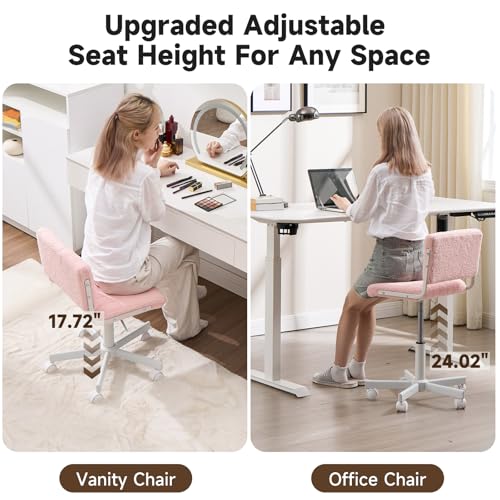 Office Chair Vanity Chair with Wheels | Comfy Desk Chair with Back | Cute Teddy Armless Adjustable Swivel Chair | Small Vanity Stool | for Bedroom Home Computer Task | Pink - color: Pink