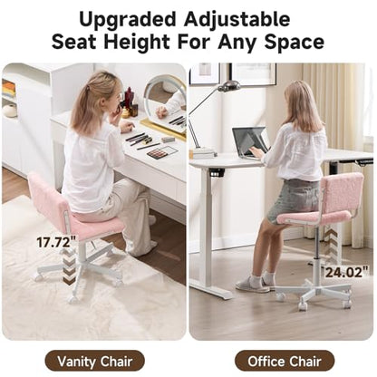 Office Chair Vanity Chair with Wheels | Comfy Desk Chair with Back | Cute Teddy Armless Adjustable Swivel Chair | Small Vanity Stool | for Bedroom Home Computer Task | Pink - color: Pink