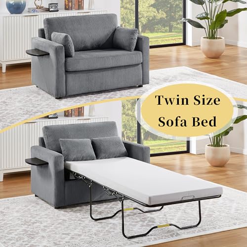 Twin Sofa Bed 47.2" Sleeper Loveseat with Foldable Mattress, Gray | Space-saving guest room furniture, pull-out sleeping solution, compact footprint, convenient charging, lounge-to-bed design - color: Grey