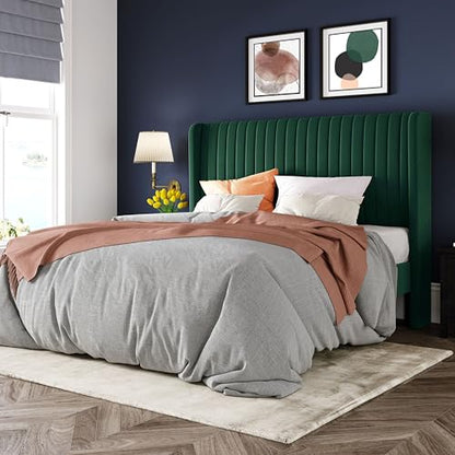 Allewie Full Size Bed Frame/Velvet Upholstered Platform Bed/Vertical Channel Tufted Wingback Headboard/Strong Wooden Slats/No Box Spring Needed/Easy Assembly/Green - color: Green, size: Full