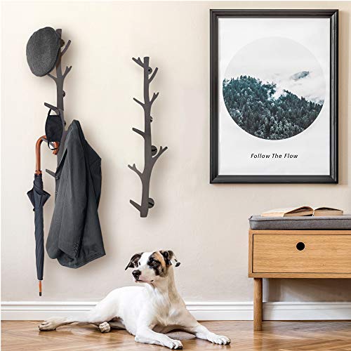 Tree Branch Coat & Hat Rack Wall Mount with 8 Vertical Hooks for Caps, Coats, Purse & More Modern Storage Dog Leash Holder Decorative Wall Hooks Vertical