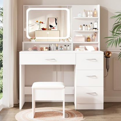 LIVELYGLOW White Makeup Vanity Desk with Charging Station & 4 Drawers | Smart LED Mirror, Cushioned-Stool, Hairdryer Rack - color: Ivory White