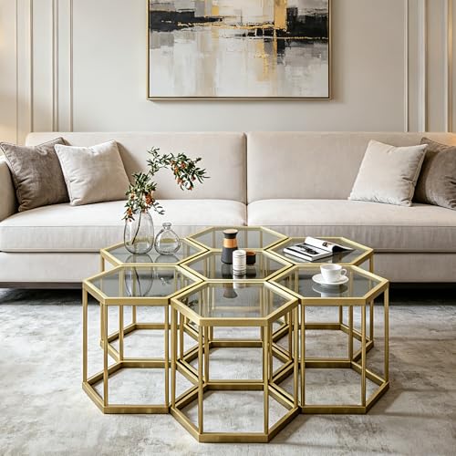 Hexagonal Modular Coffee Table, Gold Plated Frame, Tempered Glass Top, Geometric Accent Side Table, Multi-Purpose Nesting Table for Living Room Bedroom, Set of 3 - size: 3 Piece