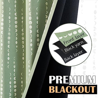 jinchan Boho Blackout Curtains 63 Inch Length Moon Phase Printed Drapes | Sage Green Farmhouse Curtain for Bedroom Living Room Back Tab Drapes Room Darkening Window Treatment 2 Panels - color: Luna | Sage Green, size: 52"W x 63"L (Pack of 2)