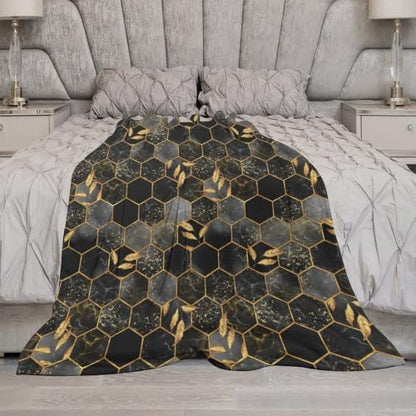 Marble Throw Blanket Black Honeycomb Grid Golden Leaves Pattern Soft Lightweight Warm Plush Blankets for Sofa Bedroom 70"x80" - color: Marble-10, size: 70"x80"