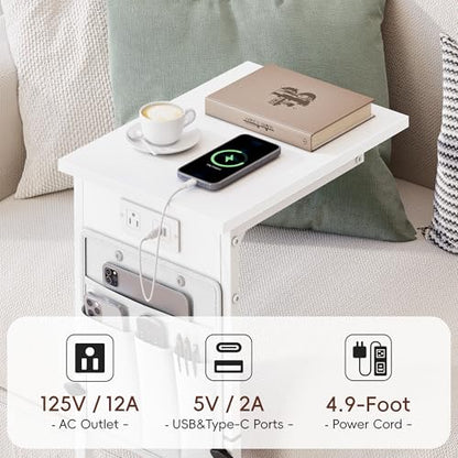 C Shaped End Table with Charging Station, Adjustable Height Side Table for Couch, Small Sofa Table for Small Spaces, Slide Under Sofa Table TV Tray Arm Tables for Living Room, Bedroom, White - color: White, style: With Plug