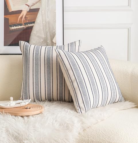 Cethom Decorative Boho Throw Pillow Covers, Farmhouse Textured Pillow Case, 18 x 18 Inch Set of 2, Chair Sofa Bedroom Living Room Decor Couch Cushion Case, Navy Blue and Beige Striped - color: Navy Blue, size: 18" x 18" (Pack of 2)