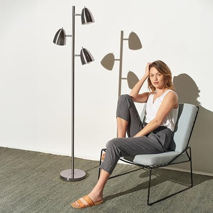 Brightech Jacob LED Standing Lamp, Modern Bright Floor Lamps for Living Rooms & Bedrooms, Tall LED Lighting Lamp with Adjustable 3 Light Tree – Satin Nickel - color: Nickel