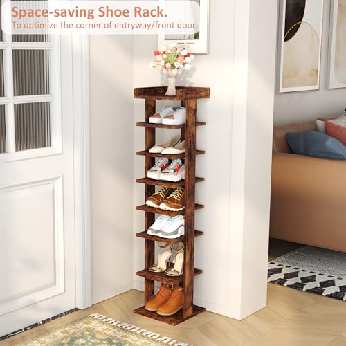 HOMEFORT 7-Tier Wood Shoe Rack, Entryway Shoe Tower,Vertical Shoe Organizer, Wooden Shoe Storage Stand, Rustic Brown - color: Rustic Brown, size: 11"Dx11"Wx45.1"H