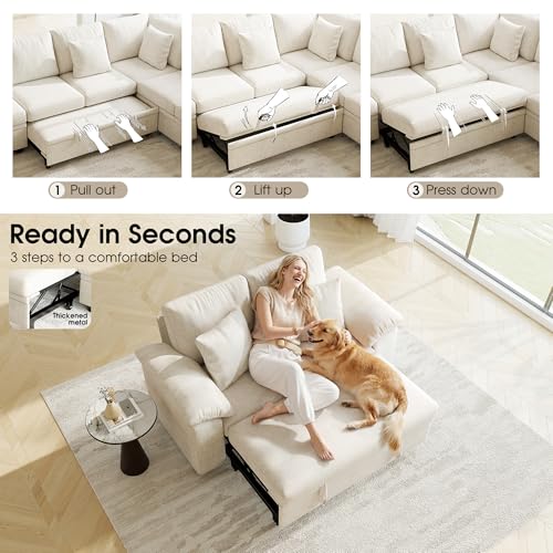 61” Pull Out Couch, 2 in 1 Sleeper Sofa Bed with Throw Pillow, Convertible Small Loveseat Sleeper Couch for Living Room, Bedroom, Apartment (Beige) - color: Beige, size: 2 Seat Sleeper