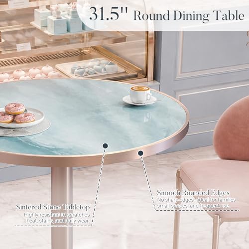 31.5'' Tulip Table, Round Dining Table with Glossy Sintered Stone Tabletop | Rose Gold Aluminum Alloy Edge & Pedestal, Small Bistro Table for Dining Room/Café/Small Spaces/Restaurant (Aqua Jade) - color: Aqua Jade (Rose Gold), size: Round