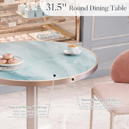 31.5'' Tulip Table, Round Dining Table with Glossy Sintered Stone Tabletop | Rose Gold Aluminum Alloy Edge & Pedestal, Small Bistro Table for Dining Room/Café/Small Spaces/Restaurant (Aqua Jade) - color: Aqua Jade (Rose Gold), size: Round