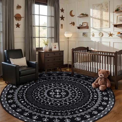 SERISSA 5ft Washable Non-Slip Boho Round Area Rug for Bedroom | Black and White Geometric Moroccan Circle Rug, Soft Low-Pile Indoor Circular Carpet for Entryway Living Room Dining Room - color: Black, size: 5' (Round)