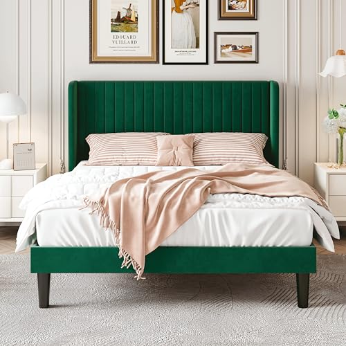 SHA CERLIN Full Size Velvet Bed Frame, Tufted Wingback Headboard, Green | 47'' Modern Vertical Channel Headboard, Upholstered Platform Bed, Wood Slats, No Box Spring Needed, Easy Assembly, Noise Free - color: Green, size: Full