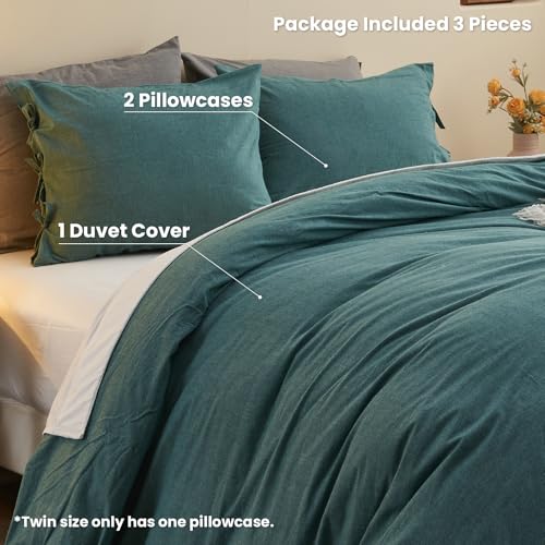 BISELINA 100% Washed Cotton Duvet Cover Set 3pcs with Bowknot Ties Strap Solid Color Linen Like Textured Durable Breathable Soft Comfy Chic Bedding (Twin, Dark Green) - color: Dark Green, size: Twin