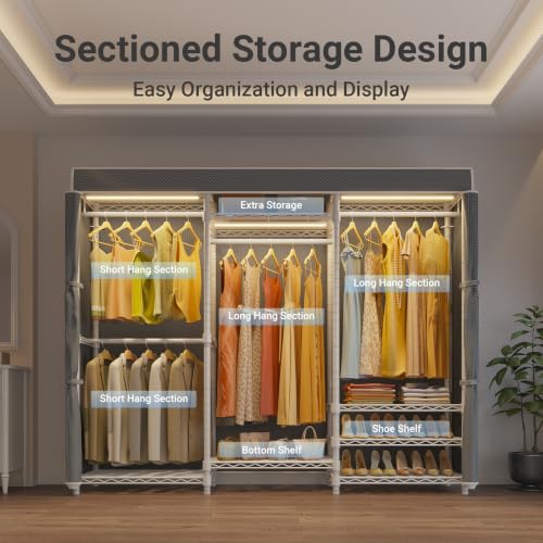 VIPEK V5LC Garment Rack Heavy Duty Covered with Dimmable LED Lights, 3000K Warm White, Portable Closet Wardrobe Freestanding for Hanging Clothes, with Grey Cover - color: White Rack With Grey Cover, style: V5LC