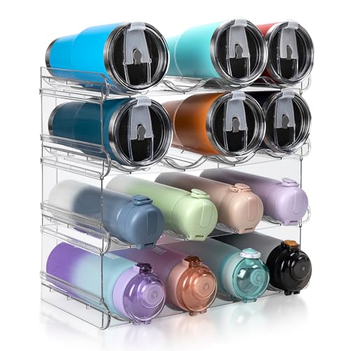 spospo Water Bottle Organizer 4 Tier Large Compartment Water Bottle Holder | Clear Water Bottle Organizer for Cabinet, Bottle Rack for Kitchen Organization and Storage - Hold 16 Bottles - size: 4 Pack
