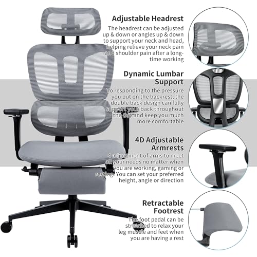 Ergonomic Office Chair with Footrest, 90-135° Reclining High Back Desk Chair with Lumbar Support, 2D Headrest, 4D Armrests, Computer Chair for Long Hours, Dark Grey - color: Dark Grey