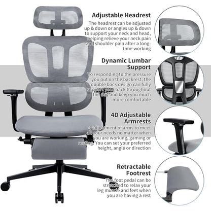 Ergonomic Office Chair with Footrest, 90-135° Reclining High Back Desk Chair with Lumbar Support, 2D Headrest, 4D Armrests, Computer Chair for Long Hours, Dark Grey - color: Dark Grey