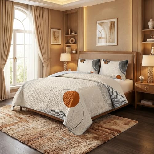 AILONEN Boho Mid Century Bedding Sets,Vintage Geometry Quilt Set Queen Size,Modern Minimalist Simplistic Bedspread Coverlet - Soft Lightweight 3Pcs 1 Quilt with 2 Pillowcases,Brown - color: Geometry30, size: Queen