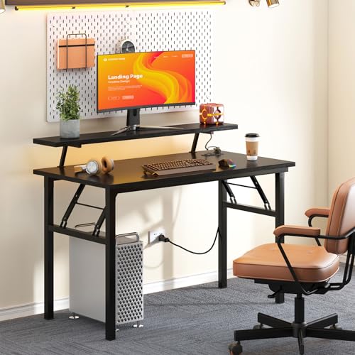 DlandHome 39" Computer Desk with Power Outlets & LED Lights, Black, Bedroom | Folding Desk with Monitor Stand, Writing Study Table Gaming Desk, Metal Frame, Fully Assembled, Home Office Small Spaces - color: Black + Black, size: 39 Inches + Outlets