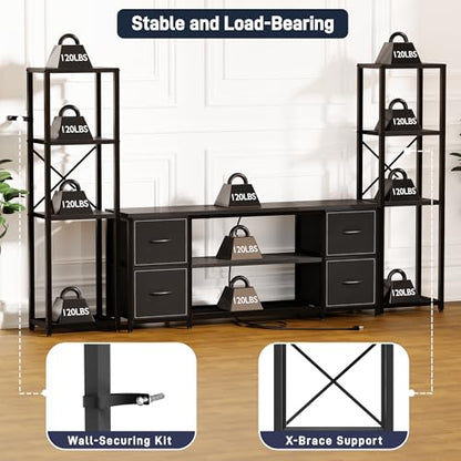 Yenlure LED TV Stand Bookshelf Combo with Charging Station for 65 60 55 Inch TV, Entertainment Center with Lights & Drawers, Industrial Media TV Console Table for Living Room Bedroom Office, Black - color: Black
