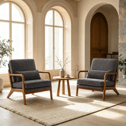 Karl home Mid-Century Modern Accent Reading Chair, Grey | Chenille Upholstered, Solid Wood Frame, Soft Cushion, Lumbar Pillow, Lounge Armchair for Living Room, Bedroom, Balcony, Study - color: Chenille Gray