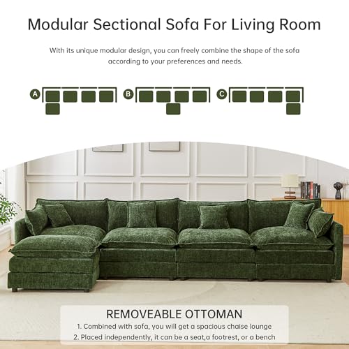 Modular Sectional Sofa, 147.2 Inch L Shaped Couch Set with Armrests, 4-Seater Comfy Cloud Couches with Movable Ottoman for Living Room Apartment, Green - color: Green, size: 147.2'' - L Shape