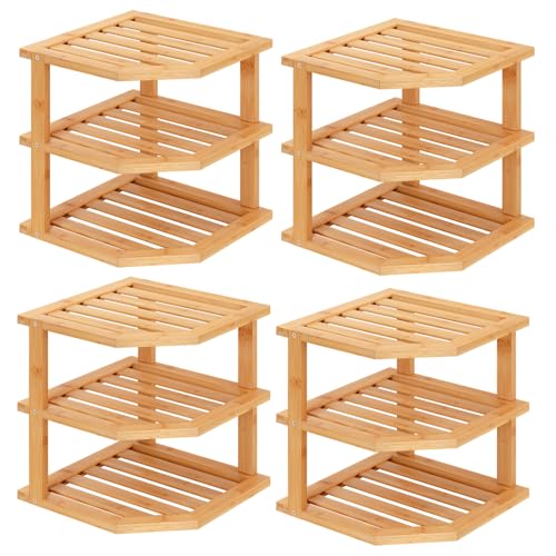 VERTORGAN 3 Tier Bamboo Dish Drying Rack,Corner Shelf 4 Pack(Natural) | Pantry Storage,Dish Rack,Spice Rack,Corner Organizer,Kitchen Counter Shelves,Kitchen Storage,Holds Plates - color: Natural, size: 4 PC