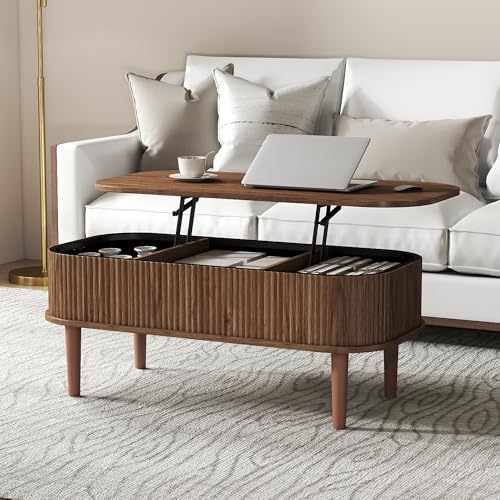 Fluted Lift Top Coffee Table with Hidden Storage, Oval Coffee Table with Lifting Top, Mid Century Modern Design for Living Room, Office & Small Spaces, Walnut - color: Walnut