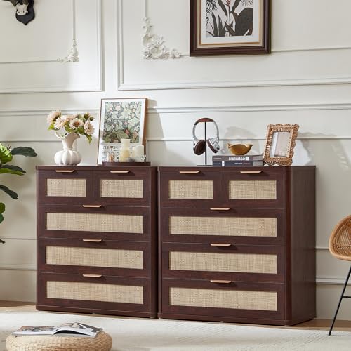 LEYAOYAO Rattan Dresser for Bedroom, 33.5" Tall Chest of Drawers, Modern 5 Drawers Boho Dressers with Storage, Vintage Brown Dresser Wooden Closet Organizer for Living Room, Hallway - color: Retro Walnut, size: 15.5"D x 31.5"W x 33.5"H (5 Drawers)