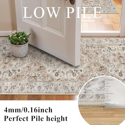 Washable Hallway Runner Rug 2x5: Non Slip Runner Rugs with Rubber Backing | Soft Kitchen Rug Farmhouse Distressed Carpet Runner for Living Room Bedroom Bathroom - Thin Beige Rug Lightweight Easy Clean - color: Beige, size: 2' x 5' (Rectangular)