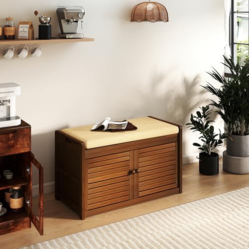 Wilk Shoe Storage Bench, 2-Tier Shoe Cabinet with Padded Seat Cushion, Bamboo Entryway Bench with 2 Doors (31.49’’(L) x13.78’’(W) x18.9''(H)) - size: 31.49" (L) x 13.78" (W) x 18.9" (H)