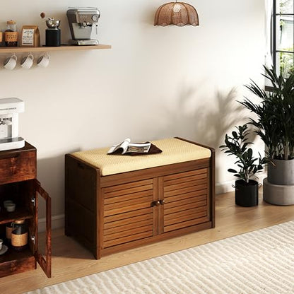 Wilk Shoe Storage Bench, 2-Tier Shoe Cabinet with Padded Seat Cushion, Bamboo Entryway Bench with 2 Doors (31.49’’(L) x13.78’’(W) x18.9''(H)) - size: 31.49" (L) x 13.78" (W) x 18.9" (H)
