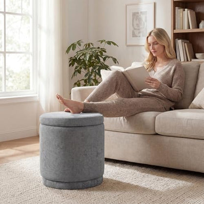 GIANTEX Round Ottoman with Storage, Chenille Fabric Vanity Stool with Removable Lid, Acacia Wood Frame, Ottoman Foot Rest for Living Room, Bedroom, Makeup Room No Assembly (Warm Light Gray)