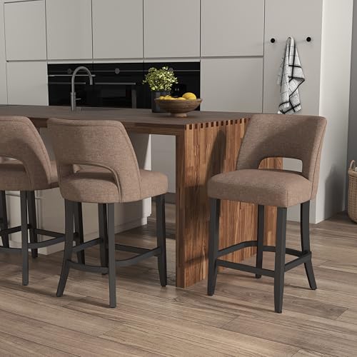 VKNOW Bar Stools Set of 6, 26" Upholstered Counter Height Bar Stools | Modern Counter Stools with Black Rubberwood Legs for Kitchen Island Dining Room Bar, Brown-Black Legs - color: Brown-black Legs, size: Set of 6