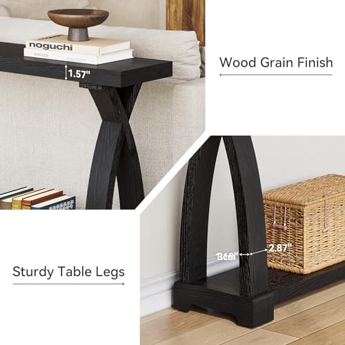 Solid Wood Console Table for Entryway, 63-Inch Narrow Farmhouse Couch Table Behind Sofa with 2-Tier Storage for Entrance, Foyer, Living Room, Long, Black (Black) - color: Black