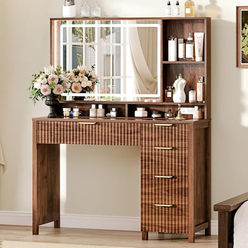 Arulvmrn 43.3'' Vanity Desk with Mirror and Lights, with Glass Tabletop, with 5 Drawers & Shelves,Makeup Vanity Set for Bedroom, Tan - color: Tan