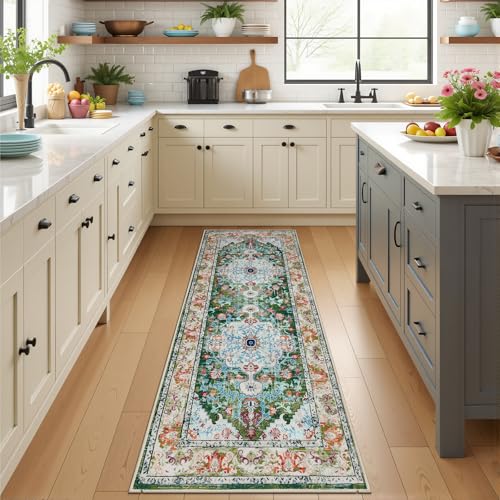 U'Artlines 2'x5' Boho Hallway Runner Rug Non Slip Washable Runners,Green | Vintage Farmhouse Kitchen Rug Accent Area Carpet for Entryway Laundry and Living Room - color: Green, size: 2' x 5' (Runner)