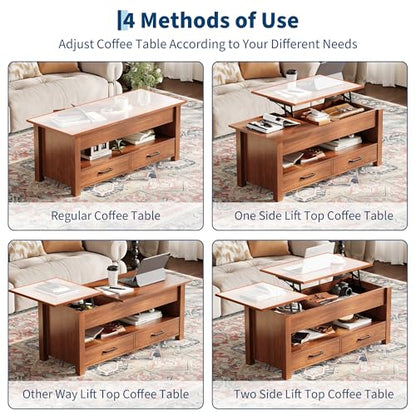 Multifunctional Lift Top Coffee Table, Convertible Wooden Coffee Table with 2 Drawers & Hidden Compartment, Storage Center Table for Living Room Home Office,Brown - color: Brown