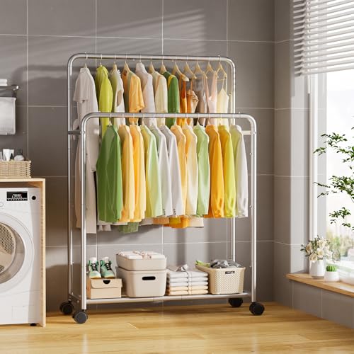 Simple Trending Clothing Clothes Rack, Double Rod Garment Rack, Silver | Portable Closet with Bottom Shelf, Anti-Slip Stoppers, 360° Lockable Wheels, Multiple Uses, Bedroom, Laundry Room - color: Sliver