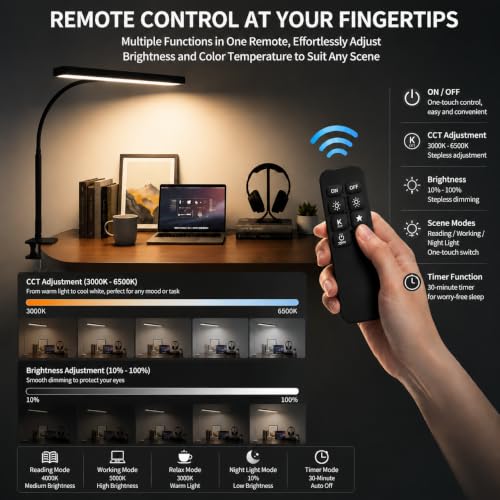LED Desk Lamp with clamp, Remote Control Desk Lamp, 5 Color Modes & 10 Brightness Levels, 17'' Wide Light Bar, Eye Caring Gooseneck Desk Light, Adapter Included - color: Black