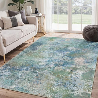 BEIMO Area Rugs 9x12 for Living Room, Blue Green Washable Abstract Rug | Modern Abstract Rug Soft Low Pile Non Slip Bedroom Dining Room Office Large Carpet, Easy Care Vacuum Friendly - color: Aquamarine/Blue Green, size: 9' x 12' (Rectangular)