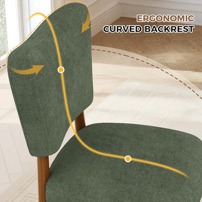 Farmhouse Dining Chairs Set of 2, Linen Seat, Wood Legs, Green | Mid Century Modern, Upholstered Padded Cushion, Solid Wood Cross-Brace, Easy 15-Min Assembly, Kitchen Dining Room - color: Green, size: Set of 2