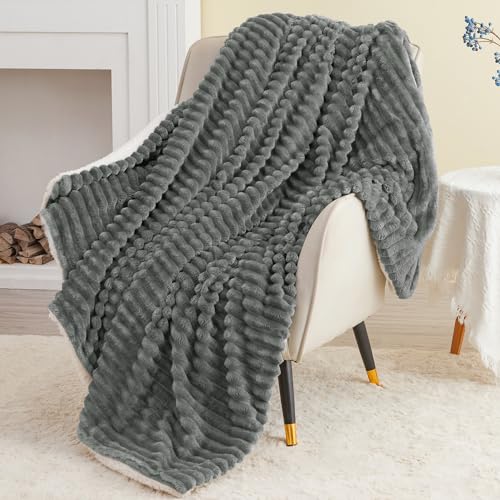 INFIIXSO Sherpa Throw Blanket for Couch - Super Soft & Warm Striped Fleece Blanket, Cozy Plush Fluffy Blanket All Season Use (Grey, 50x60 Inches) | Super Soft Thick Warm Striped Sherpa Blanket for Bed Sofa, Cozy Plush Fluffy Throw Gift for Women, Room Dec
